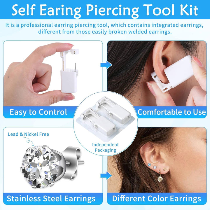30Pcs Ear Piercing Kit, Self Ear Piercing Gun with Preloaded Piercing Studs, Disposable Earring Gun with Silver Earrings for at Home Salon Earlobe Cartilage Helix Tragus Piercing Tool Kit