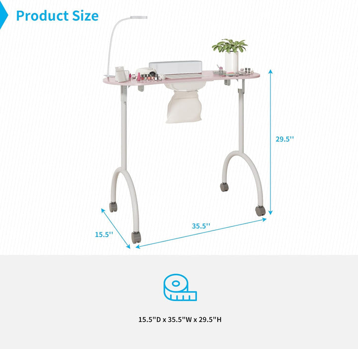 Portable Manicure Nail Table, Foldable Manicure Table with Dust Collector Fan, LED Lamp, 4 Lockable Wheels and Carry Bag, Professional Nail Desk with Wrist Cushion (Pink)