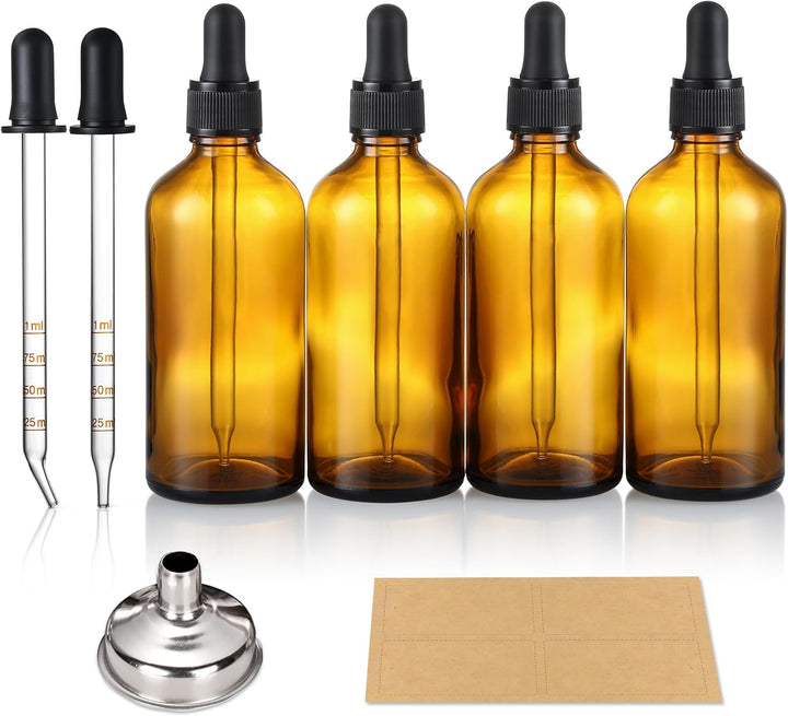 4 Pack, 100Ml Dropper Bottles with 1 Funnel & 4 Labels - Essential Oils Bottles for Health, Personal Care & Beauty - 3.4Oz Thick Dark Amber Glass Tincture Bottle with Eye Droppers, Leakproof