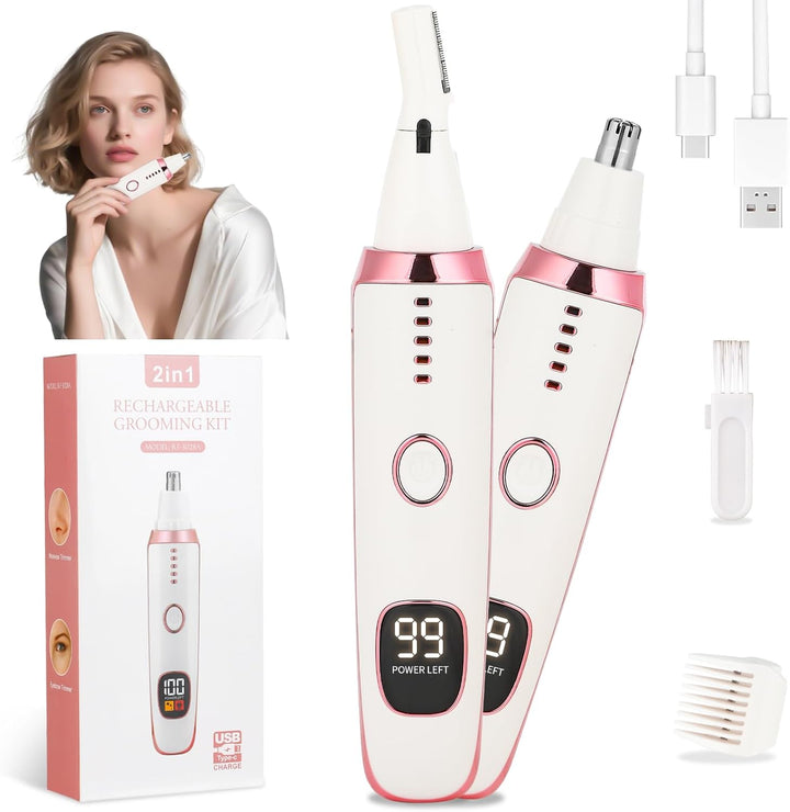 LED Display Ear and Nose Hair Trimmer Clipper for Women Men,2025 Rechargeable 2 in 1 Painless Eyebrow & Facial Hair Trimmer with Powerful Motor and Dual-Edge Blades Easy Cleansing (White)