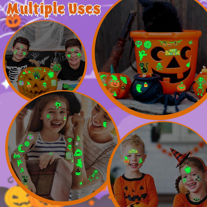 145 Styles Halloween Tattoos for Kids, 12PCS Halloween Luminous Tattoos, Glow in Dark Ghosts Pumpkin Fake Temporary Tattoos Stickers Bulk for Trick or Treat Party Decorations Accessories Supplies