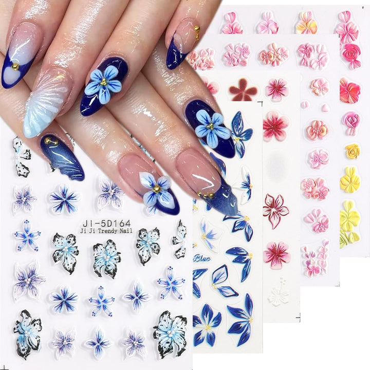 5D Embossed White Flowers Nail Stickers, 5 Sheets Self-Adhesive Floral Nail Decals, Spring Rose Butterfly Nail Art, 3D Acrylic Flowers for Manicure Decor