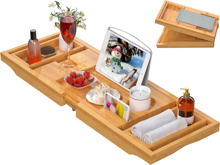 Luxury Bathtub Caddy Tray for Tub - Foldable Bamboo Bath Table Tray with Book and Wine Glass Holder, Expandable Bathroom Accessories for Spa or Reading Lite Style