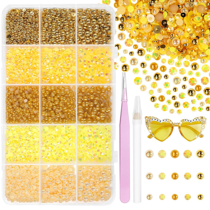 12000 Pcs White Flatback Pearls and Rhinestones for Crafting, 3-5 Mm Jelly Resin Rhinestones, Mixed Size Half Pearl Bedazzling Gems for Nail DIY Crafts Mugs Bottles Tumblers Clothes Makeup