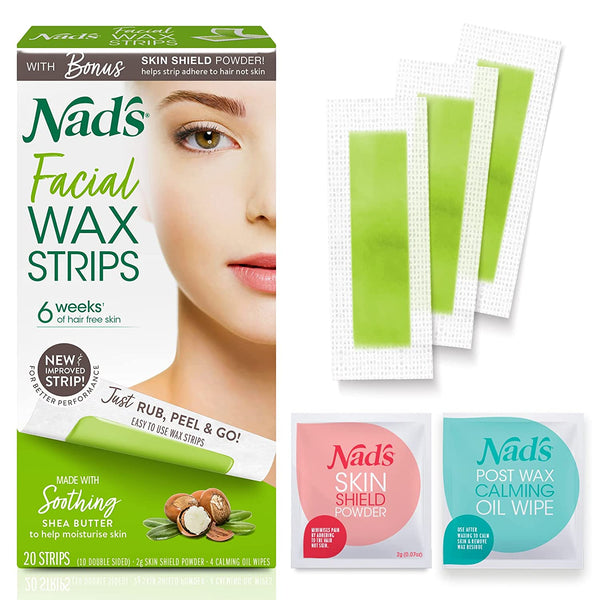 Facial Wax Strips - Hypoallergenic All Skin Types - Facial Hair Removal for Women - at Home Waxing Kit with 20 Face Wax Strips + 4 Calming Oil Wipes + Skin Protection Powder