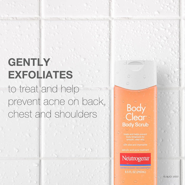 Body Clear Acne Body Scrub, Exfoliating Non-Comedogenic Cleanser, Salicylic Acid 2% Daily Wash Acne Medicine Treatment for Back, Chest & Shoulders, Microbead-Free, 8.5 Fl Oz