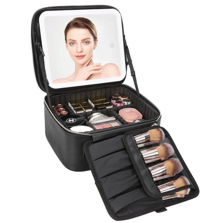 Travel Makeup Bag with LED Mirror, Cosmetic Train Case with Light up Mirror, Portable Makeup Artist Organizer Bag with Adjustable Dividers, Makeup Brush Holder Storage, Black
