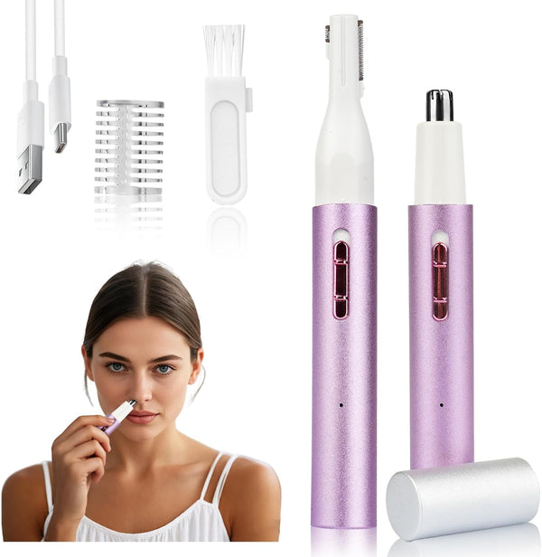 Nose and Ear Hair Trimmer for Women Men,2 in 1 Painless Eyebrow Hair Trimmer with USB Rechargeable,Portble Waterproof Facial Hair Removal with Dual-Edge Blades for Smoother Cutting (Purple)