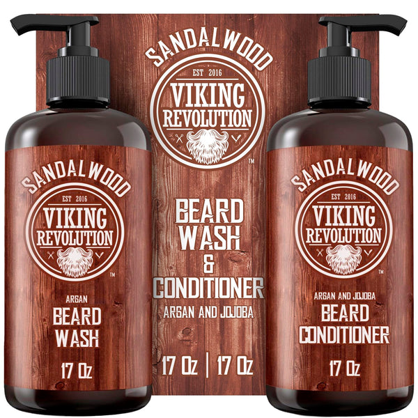 Beard Wash & Beard Conditioner Set with Argan & Jojoba Oils - Softens and Strengthens - Natural Sandalwood Scent - Beard Shampoo with Beard Oil (17 Oz)