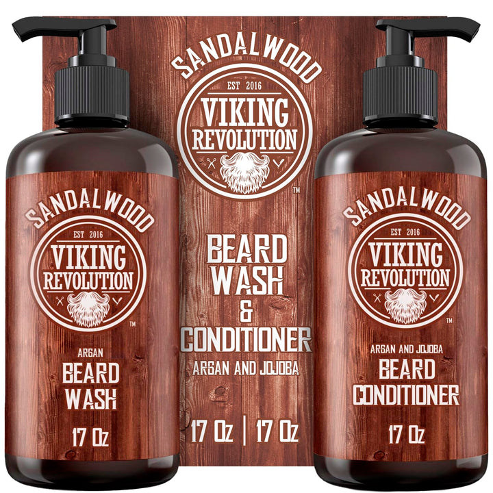 Beard Wash & Beard Conditioner Set with Argan & Jojoba Oils - Softens and Strengthens - Natural Sandalwood Scent - Beard Shampoo with Beard Oil (17 Oz)