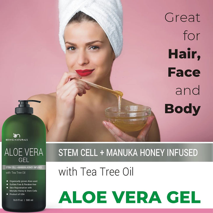 Aloe Vera Gel - from 100% Pure Organic Aloe Infused with Manuka Honey, Stem Cell, Tea Tree Oil - Natural Raw Moisturizer for Face, Body, Hair. Perfect for Sunburn, Acne, Razor Bumps 16.9 Fl Oz