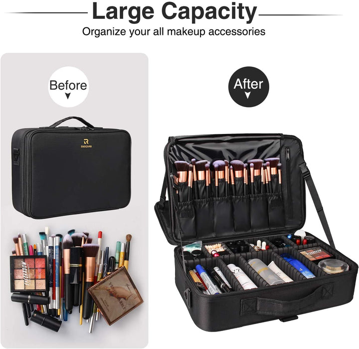Makeup Case Large Makeup Bag Professional Train Case 16.5 Inches Travel Cosmetic Organizer Brush Holder Waterproof Makeup Artist Storage Box, 3 Layer Large Capacity, with Adjustable Strap