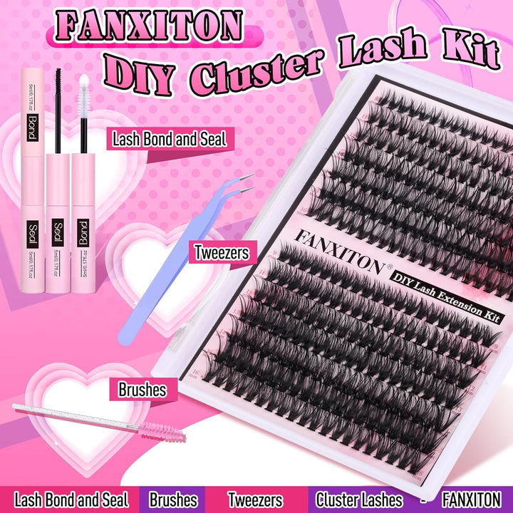 DIY Lash Extension Kit Volume Lash Clusters 40D+50D D Curvature Individual Lashes Lash Clusters Kit Thick Eyelash Extension Kit 280 Pcs Thin Band Cluster Lashes Lash Bond and Seal Tweezers