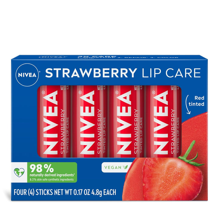 Lip Care, Fruity Tinted Lip Balm Variety Pack, Cherry, Strawberry, Blackberry and Watermelon Flavors, 3-In-1 Moisture, Repair and Color, 0.17 Oz Stick, Pack of 4