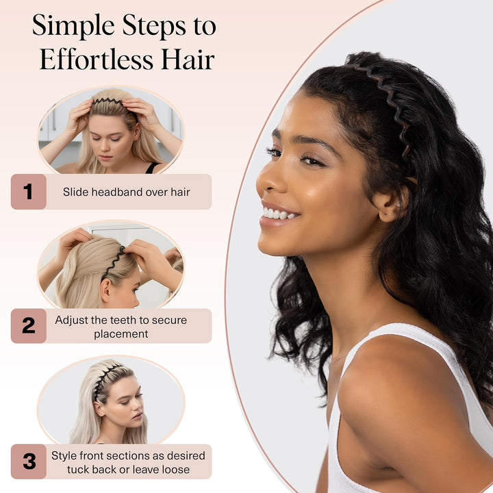 Zig Zag Headbands for Women Non Slip – Fashion Accessories for Slicked Back Styles - Comfortable Comb Headband with Teeth | Ideal Gifts for Women - Tortoise & Black Headband - 2 Pcs