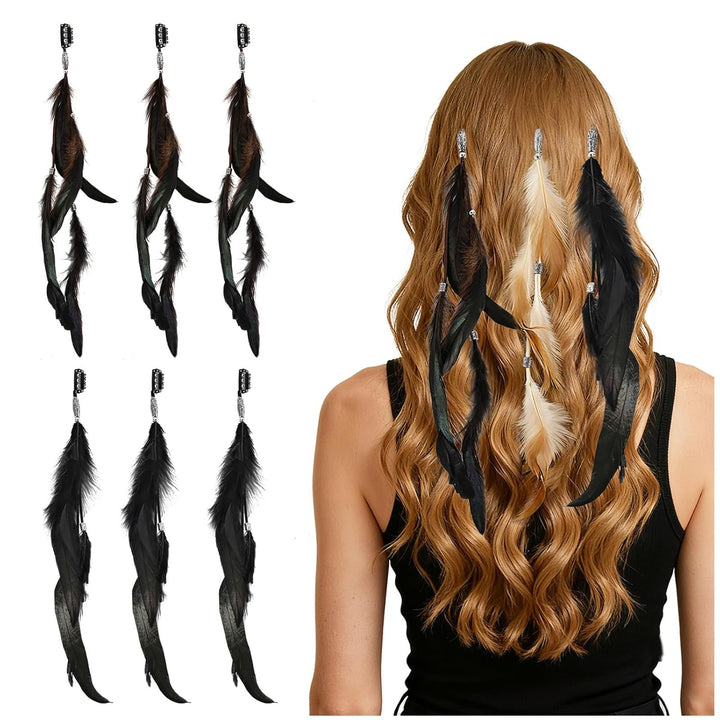 Feathers Hair Extensions for Women Boho Clip-In Hair Feather Accessories for Carnival Halloween Party Performances Photo Shoots, Brown Black Dark Coffee(3 Pcs)