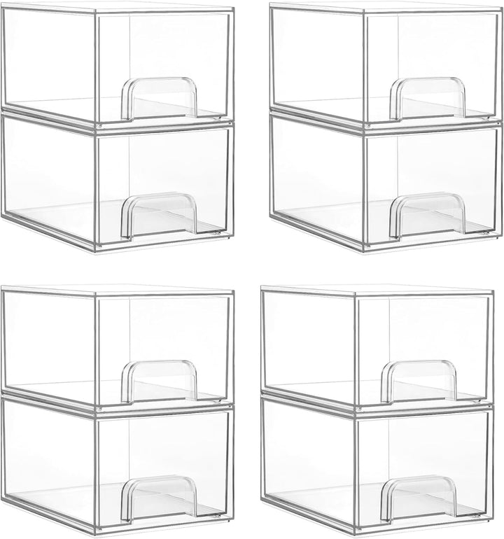 4 Pack Small Clear Stackable Storage Drawers,Acrylic Bathroom Makeup Organizer,Plastic Storage Bins for Vanity, Undersink, Kitchen Cabinets, Pantry, Home Organization
