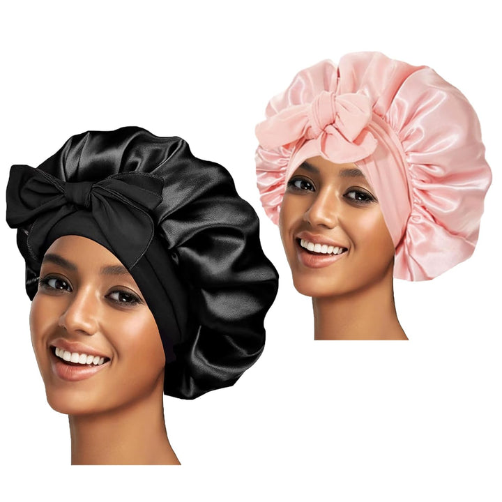 Silk Bonnet Satin Bonnet for Sleeping Large Bonnets with Tie Band Hair Wrap with Adjustable Straps Hair Cap for Women Curly Black