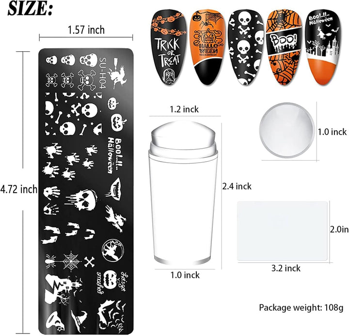 Halloween Nail Stamper Kit 6 Pcs Nail Plates +1 Nail Stamper + 1 Nail Scraper Horror Skull Spider Ghost Bat Nail Art Design Template Nail Stencils Plates Nail Supplies Tools Nail 8Pcs Set