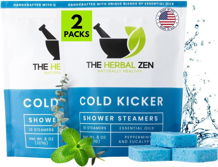 Cold Kicker Shower Steamers Aromatherapy for Sinus Relief - Adult Stocking Stuffer Christmas Gift - USA Made - Peppermint & Eucalyptus Shower Bomb Tablets - Soothing Natural Essential Oils (10 Pack)