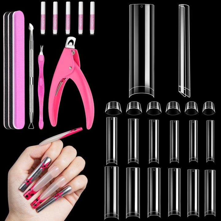 Clear Acrylic Nail Tips, 500 Pcs French Nail Tips Square Half Cover with Glue, Clipper, Files and Cuticle Fork for Salons and Home DIY