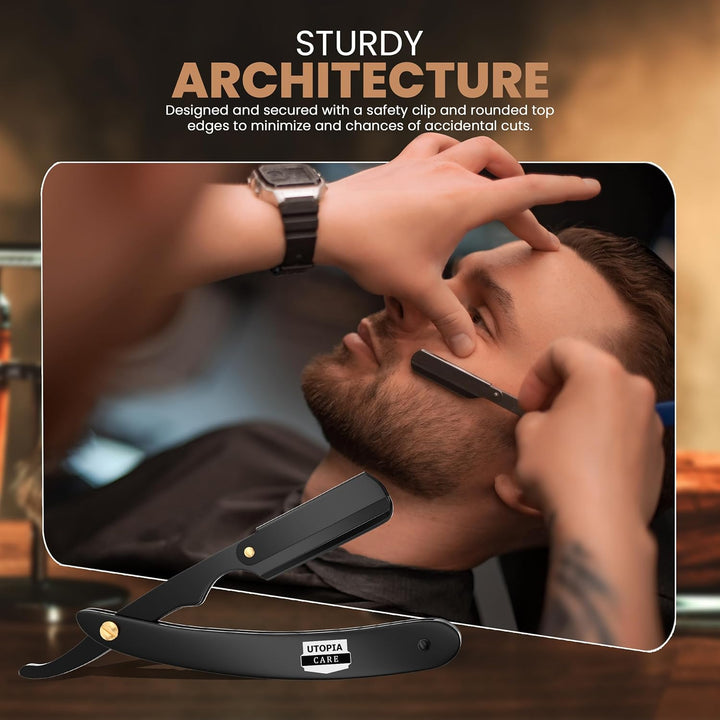 Professional Straight Razor for Men, Barber Straight Edge Razor Safety with 100 Pack Blades, Black