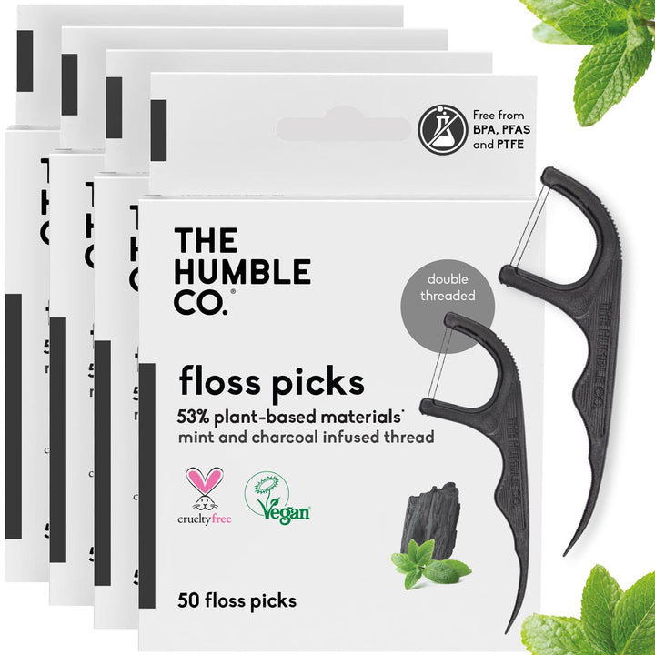 The Humble Co Dental Floss Picks for Teeth, 200 Count (Mint) - Double Thread Tooth Picks Flossers for Adults Gum Health - Toothpick Floss for Interdental Oral Care & Hygiene