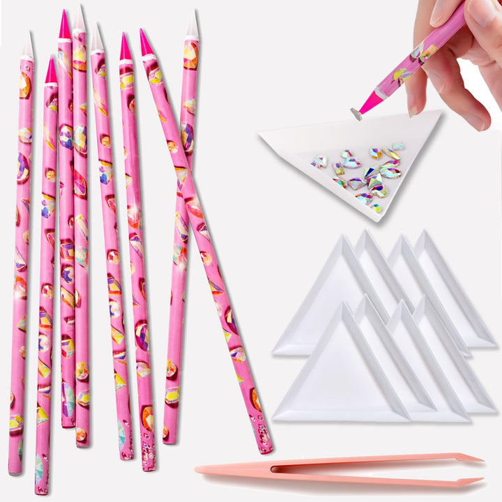 8 Pcs Rhinestone Picker Tool Kit, Self-Adhesive Wax Pencil for Rhinestones and Diamond Painting, Gem Picker Tool Dotting Tools for Nail Art, 4 Wax Pen and 4 Rhinestone Trays Rhinestone Tools