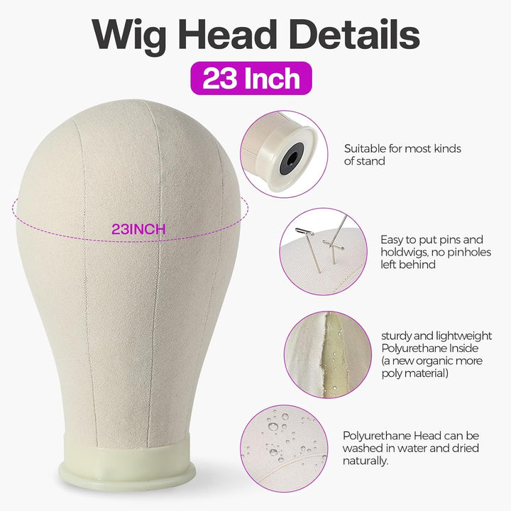 23 Inch Wig Head,Wig Stand Tripod with Head,Canvas Wig Head Stand with Mannequin Head for Wigs,Manikin Head Block Set for Wigs Making Display with Wig Caps,T Pins Set,Bristle Brush