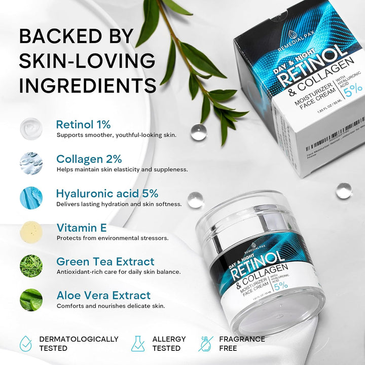 Face Moisturizer Retinol Cream, anti Aging Neck Firming Cream, Collagen Day & Night Face Cream with Hyaluronic Acid for Women & Men, 1.85 Fl Oz