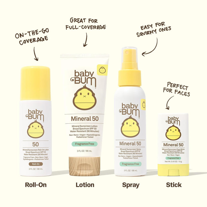 Baby Bum SPF 50 Sunscreen Spray - Mineral UVA/UVB Face and Body Protection for Sensitive Skin - Fragrance Free - Travel Size - 3 Oz
