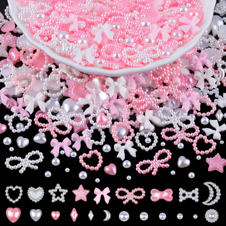 1200Pcs 3D Multi Shapes Nail Charms and Flatback Pearls, White&Pink Mix Styles Heart Star Bow Sunflower Embellishments for Nail Art, Craft and Decoration with Tweezer and Pickup Pencil