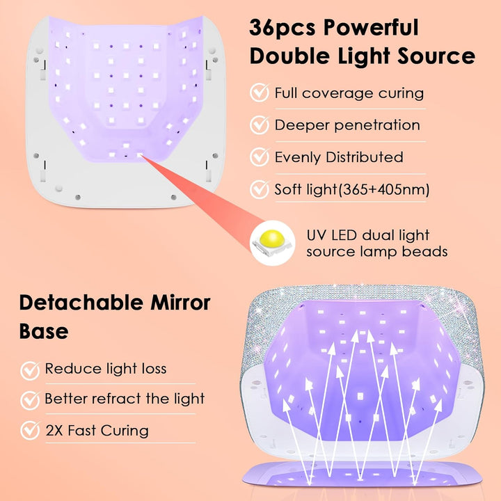 UV LED Nail Lamp Cordless,  80W Rechargeable UV Light for Gel Nails, Professional Gel Light Dryer with 5 Timers & Mirror Base, Sparkling Rhinestones Diamond Curing Lamp for Salon & Home