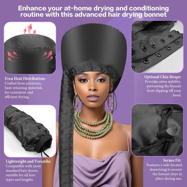 Hooded Hair Dryer Bonnet - Fast-Drying Bonnet Hair Dryer for Natural Hair, Deep Conditioning, Styling, & Curl Enhancing - Adjustable Fit, Heat Distribution, Portable & Lightweight for Travel（Black）