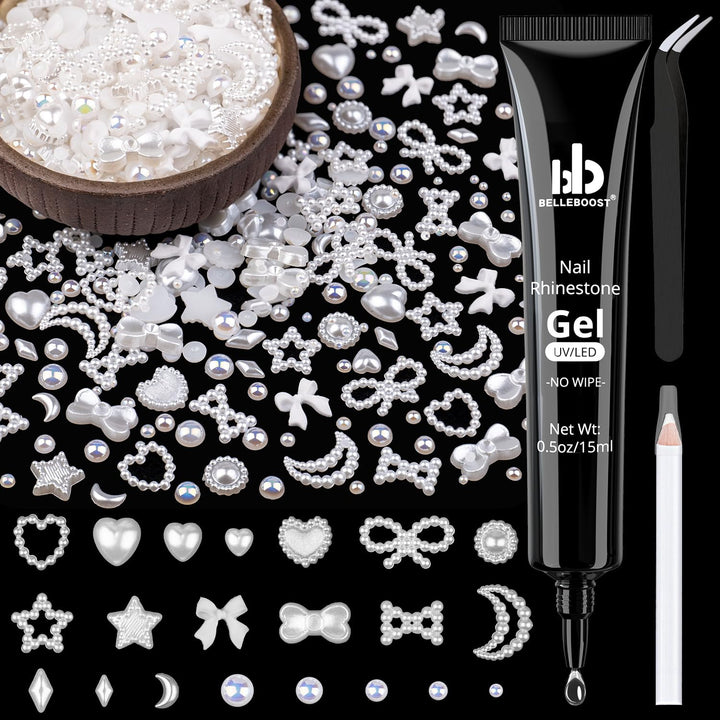 600Pcs 3D Multi Shapes Nail Charms and Flatback Pearls, White Mix Styles Heart Star Bow Sunflower Embellishments for Nail Art, Craft and Decoration with Glue Gel, Tweezer and Pickup Pencil