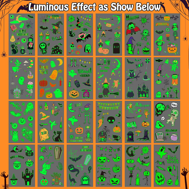 250 Styles Glow Halloween Party Supplies, Luminous Halloween Temporary Tattoos for Kids Birthday Party Decorations Favors, Halloween Goodie Bag Fillers (24 Sheets)
