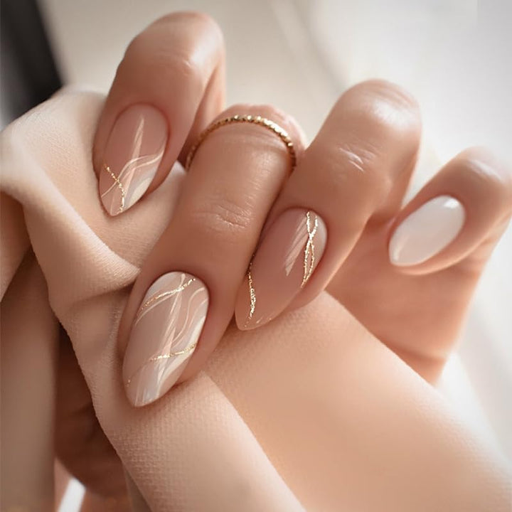 Press on Nails Almond Fake Nails French Tip False Nails with Gold Line Design Glue on Nails Press Ons Medium Acrylic Nails Glossy Full Cover Stick on Nails for Women Manicure 24Pcs