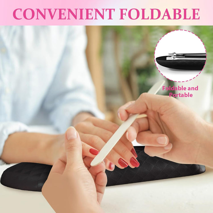 Nail Arm Rest, Foldable Leather Nail Arm Rest with Non-Slip Sleeve, Internal Sponge Filled Arm Rest Pillow with Metal Bracket, Nail Hand Rest for Home Use and Nail Salon Use (Black)