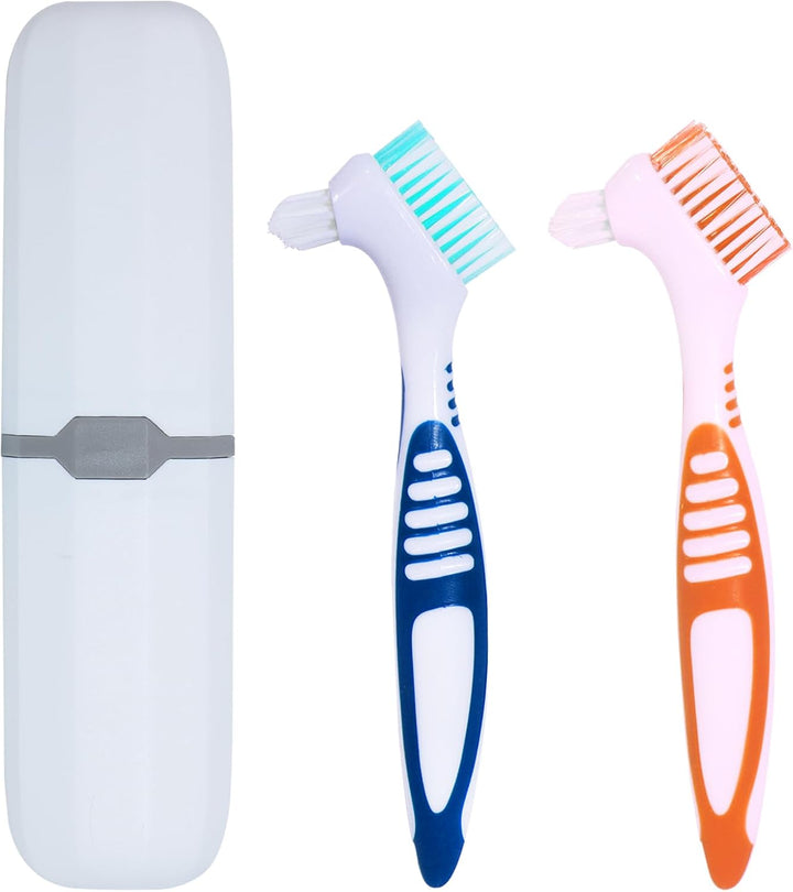 2Pcs Denture Brush False Teeth Toothbrush with 1 White Carrying Case, Effective Denture Cleaning Brush with Multi-Layered Soft Bristles,Green and Purple