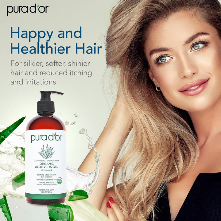 16 Oz ORGANIC Aloe Vera Gel - Unscented - All Natural - ZERO Artificial Preservatives - Deeply Hydrating & Moisturizing - Sunburn, Bug Bites, Rashes, Small Cuts, Eczema Relief - Skin & Hair