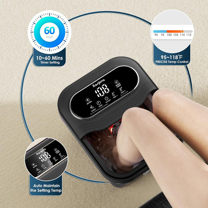 Collapsible Foot Spa Electric Rotary Massage, Foot Bath with Heat, Bubble,Temp Control, and 24 Motorized Shiatsu Massage Balls, Pedicure Foot Spa Tub for Stress Relief (Black)