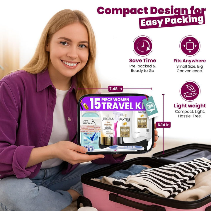 Travel Toiletry Kit for Women – 15 Piece Set of Premium Travel Size Toiletries, TSA Compliant Travel Essentials, Includes Shampoo and Conditioner, Body Wash, Toiletry Bag & More