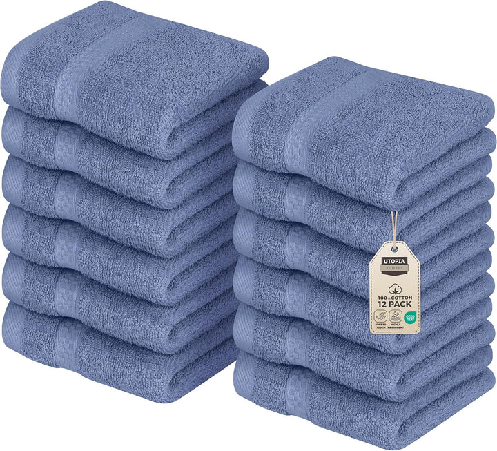 12 Pack Premium Wash Cloths Set, 12 by 12 Inches, 100% Cotton Ring Spun, Highly Absorbent and Soft Feel Essential Washcloths for Bathroom, Spa, Gym, and Face, Grey