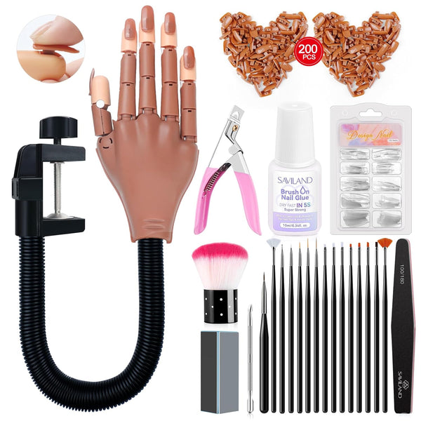 Practice Hand for Acrylic Nails, Flexible Moveable Fake Hands, Manicure Trainng Hand Nail Kit for Beginners, Movable Nail Maniquin Hand with 200PCS Nail Tips, Nail Glues, Brush and Clipper