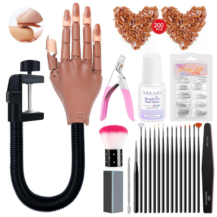 Practice Hand for Acrylic Nails, Flexible Moveable Fake Hands, Manicure Trainng Hand Nail Kit for Beginners, Movable Nail Maniquin Hand with 200PCS Nail Tips, Nail Glues, Brush and Clipper