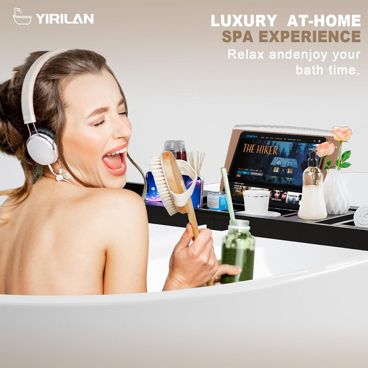 Foldable Bathtub Caddy, Expandable Bath Tray, Unique House Warming Gifts, New Home, Anniversary and Wedding Gifts for Couple, Black-New