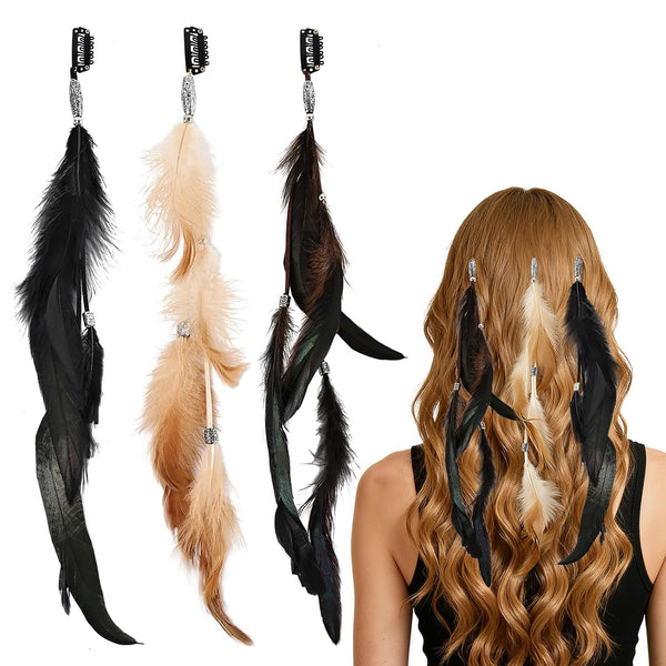 Feathers Hair Extensions for Women Boho Clip-In Hair Feather Accessories for Carnival Halloween Party Performances Photo Shoots, Brown Black Dark Coffee(3 Pcs)