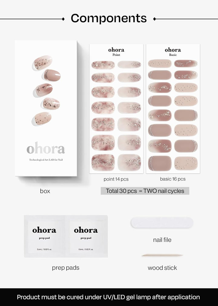 Semi Cured Gel Nail Strips (N Dreaming Glow) - Nude, Glitter, Works with Any UV/LED Lamps, Salon-Quality, Long Lasting, Easy to Apply & Remove - Includes 2 Prep Pads, Nail File & Wooden Stick