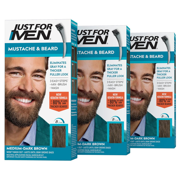 Mustache & Beard, Beard Coloring for Gray Hair with Brush, with Keratin Biotin Aloe and Coconut Oil for Healthy Facial Hair - Medium Brown, M-35, Pack of 1 (Packaging May Vary)