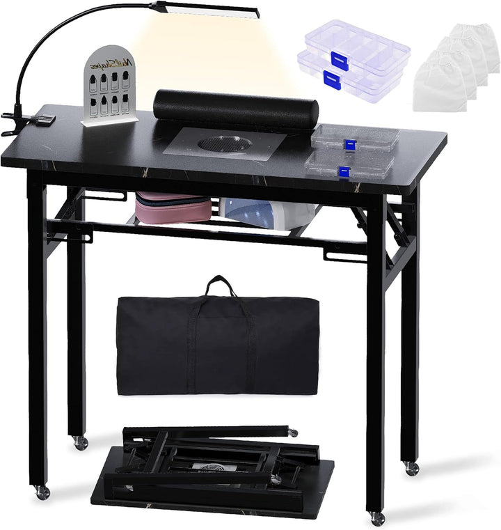 Portable & Foldable Manicure Table W/Dust Collector, Rolling Nail Tech Desk W/Led Light Lamp, Wrist Cushion, Lockable Wheels, Carrying Case, for Home Travel Beauty Salon Workstation (Marble White)